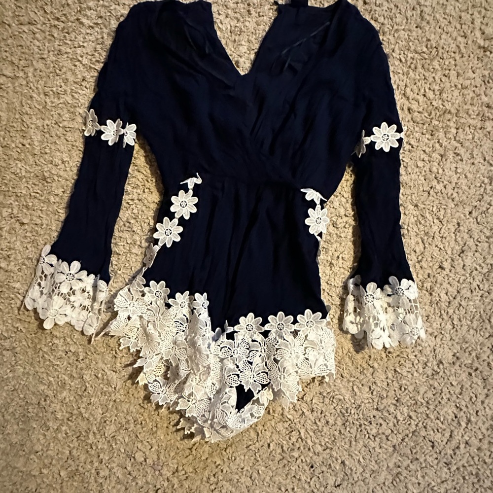 NUDE Navy and White Floral Lace Kids Romper